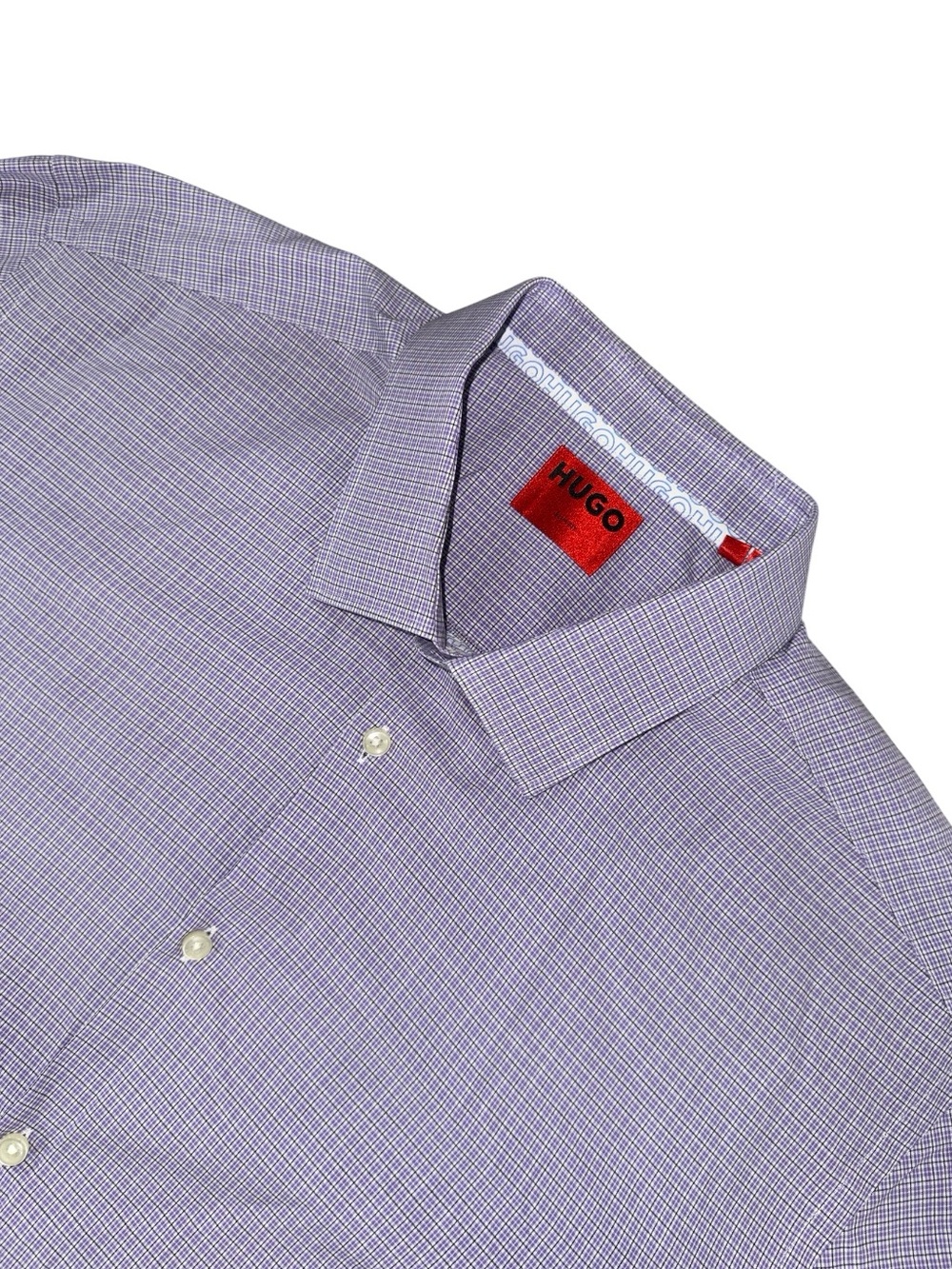 Hugo Boss mens 18 46 purple slim fit check light dress shirt EUC